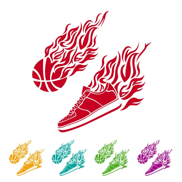 Baloncesto bola en llamas zapatillas vector icono de color — Vector de stock