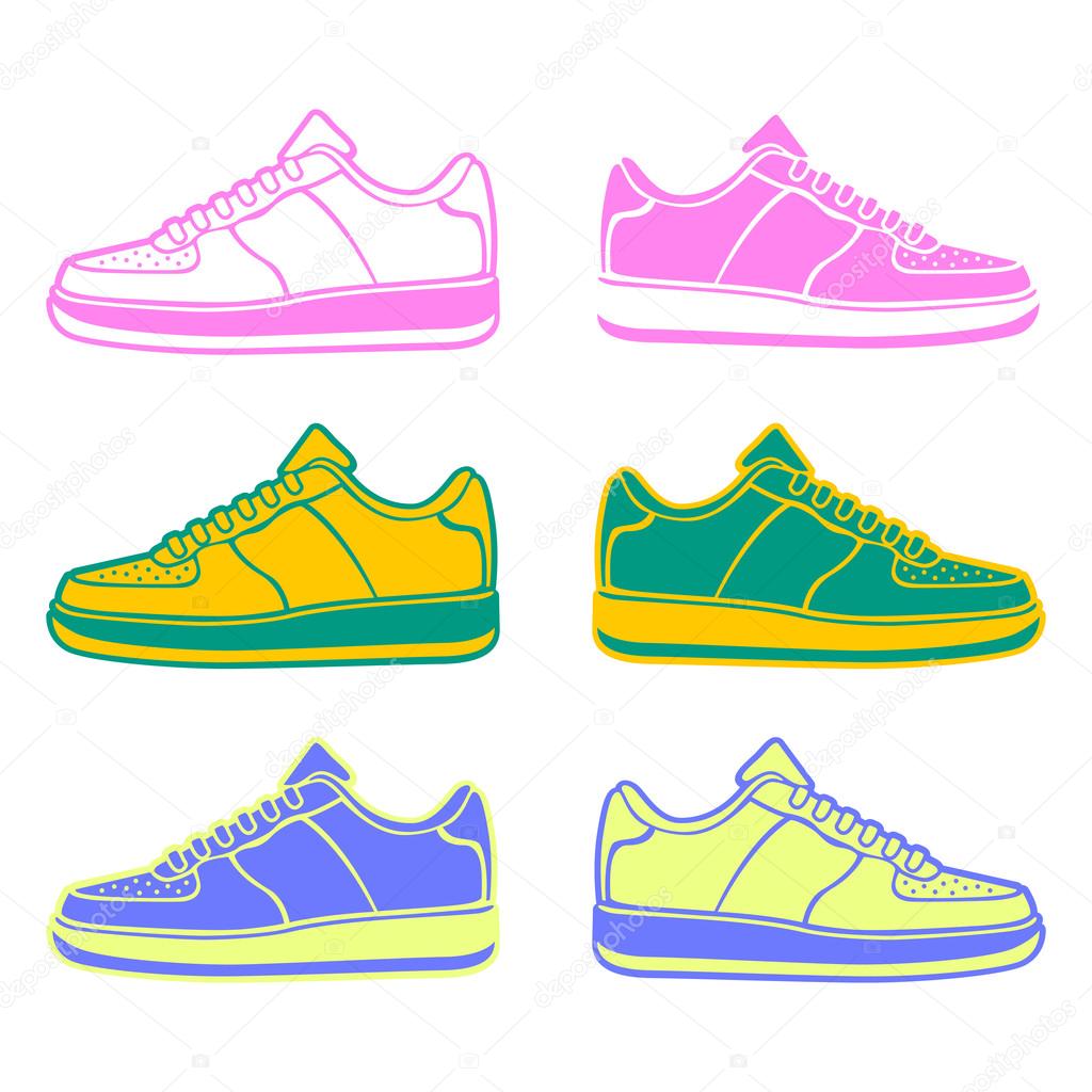 Speeding running shoe icons in four color variations vector logo