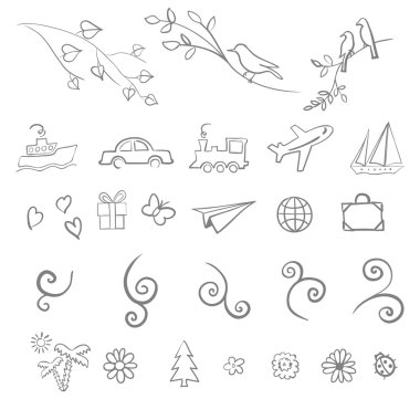 Eğlenceli, yaz, ilkbahar, seyahat, illüstrasyon, vektör kümesi simgesini