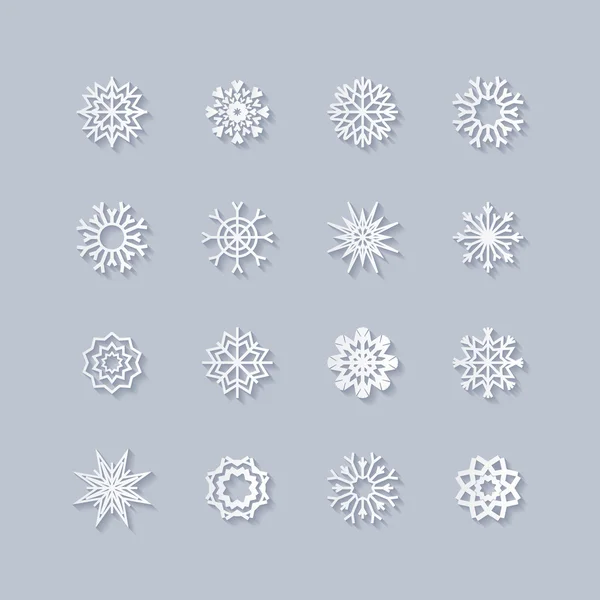 Grå snöflingor och skugga på vit bakgrund. konst — Stock vektor