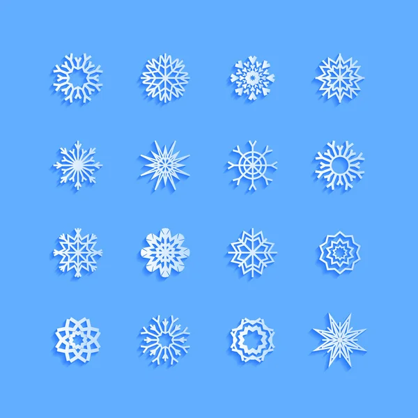 Blaue Schneeflocken und Schatten auf weißem Hintergrund. Kunst — Stockvektor