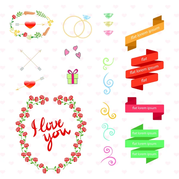 Conjunto de boda vectorial con pájaros, corazones, flechas, cintas, coronas, flores — Vector de stock