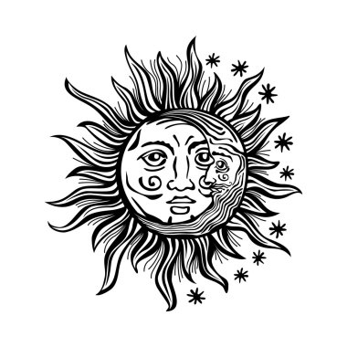 illustration sun moon star human faces retro vintage vector folklore clipart