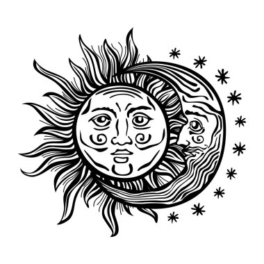 retro vintage vektör folklor illüstrasyon güneş ay yıldız insan yüzleri
