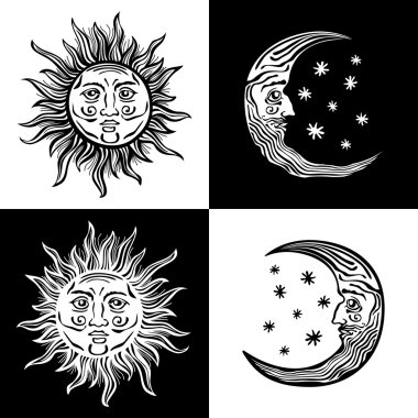 illustration sun moon star human faces retro vintage vector folklore clipart