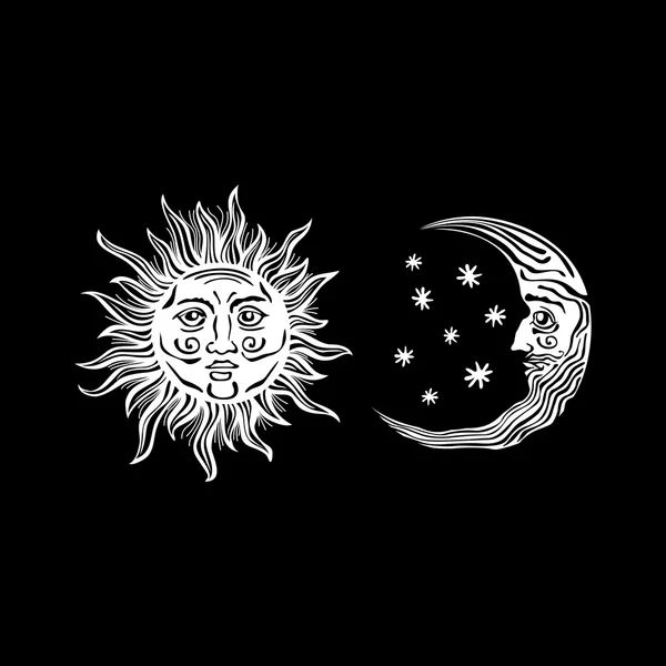 Ilustración sol luna estrella humano caras retro vintage vector folklore — Vector de stock