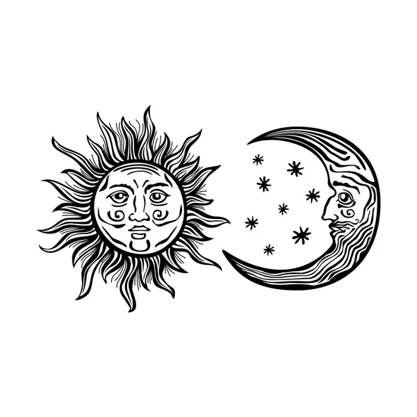 Ilustración sol luna estrella humano caras retro vintage vector folklore — Vector de stock