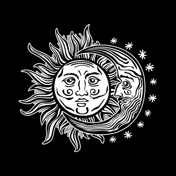 Illustration sun moon star mänskliga ansikten retro vintage vektor folklore — Stock vektor