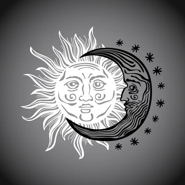 Ilustración sol luna estrella humano caras retro vintage vector folklore — Archivo Imágenes Vectoriales