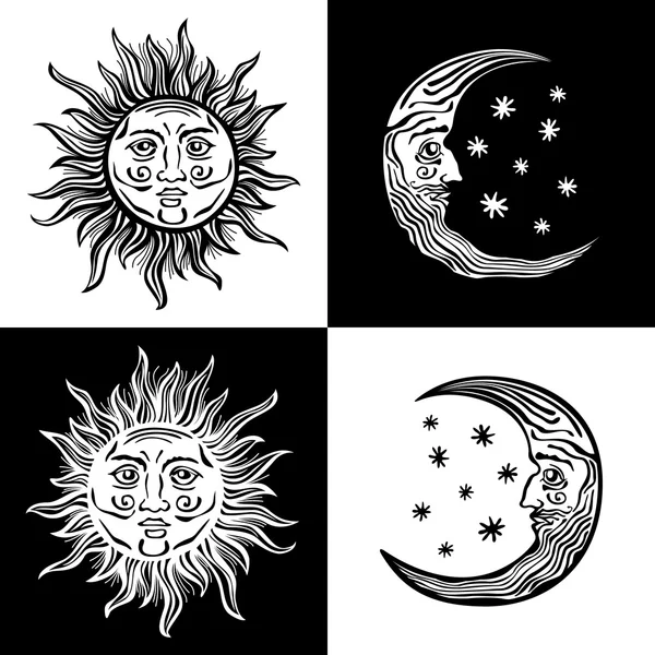 Ilustração sol lua estrela rostos humanos retro vintage vetor folclore — Vetor de Stock