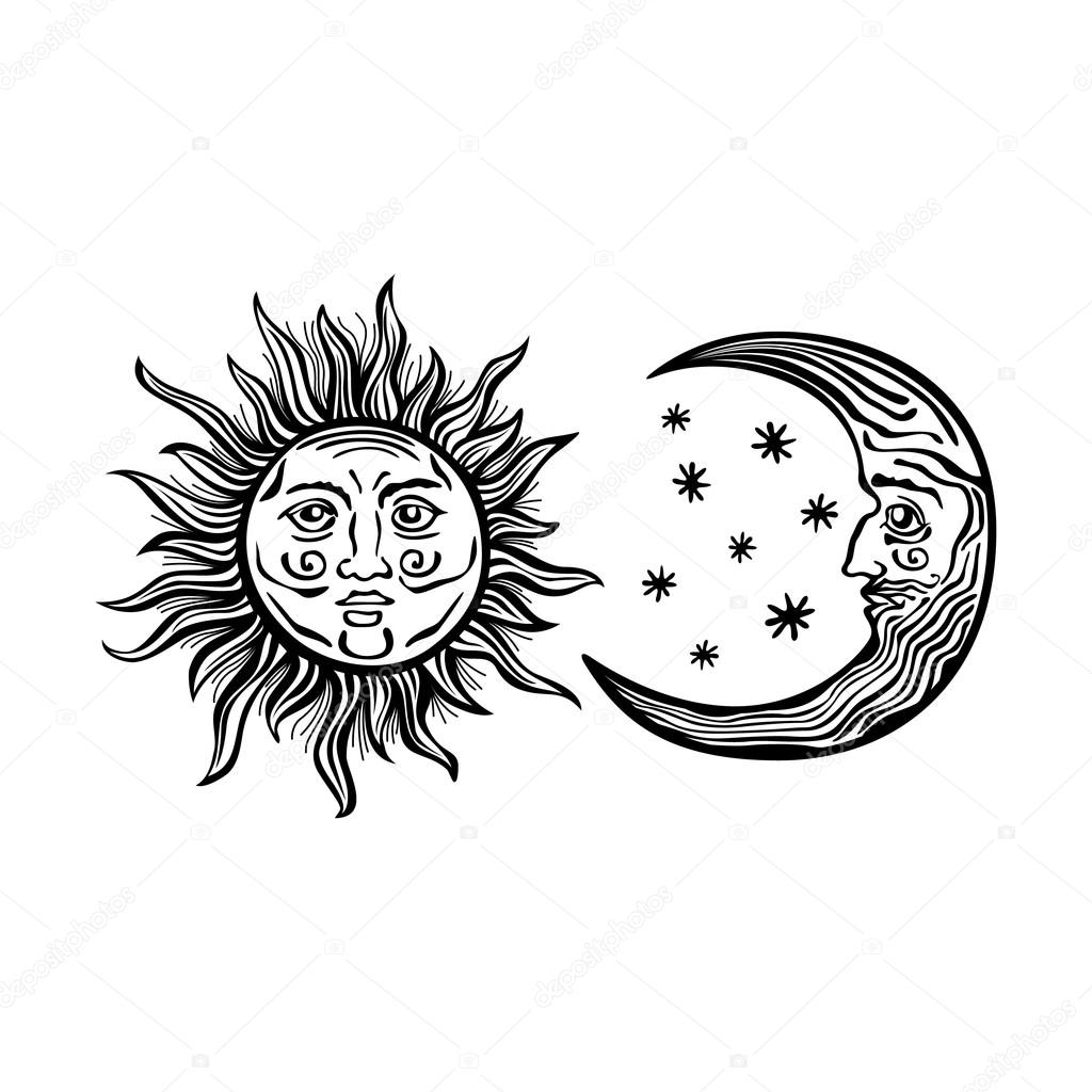 illustration sun moon star human faces retro vintage vector folklore