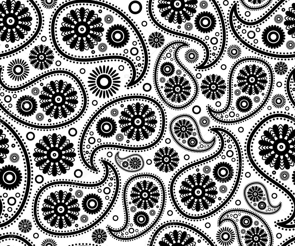 seamless paisley ornament black white vector floral background