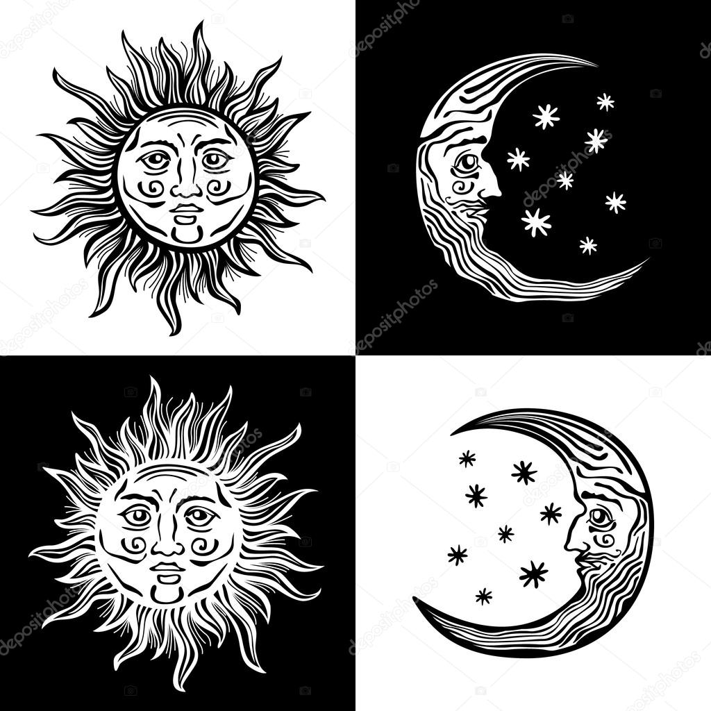 illustration sun moon star human faces retro vintage vector folklore