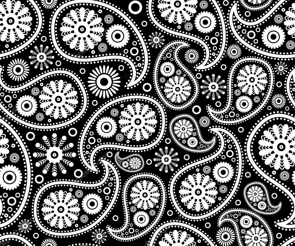 seamless paisley ornament black white vector floral background