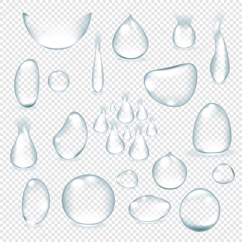 Pure clear water drops realistic set isolated vector illustration