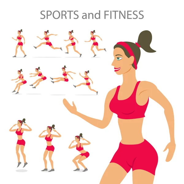 Dança menina vermelho esportes calças Cartoon plana minimalismo, personagem, conjunto de ilustração vetorial . —  Vetores de Stock