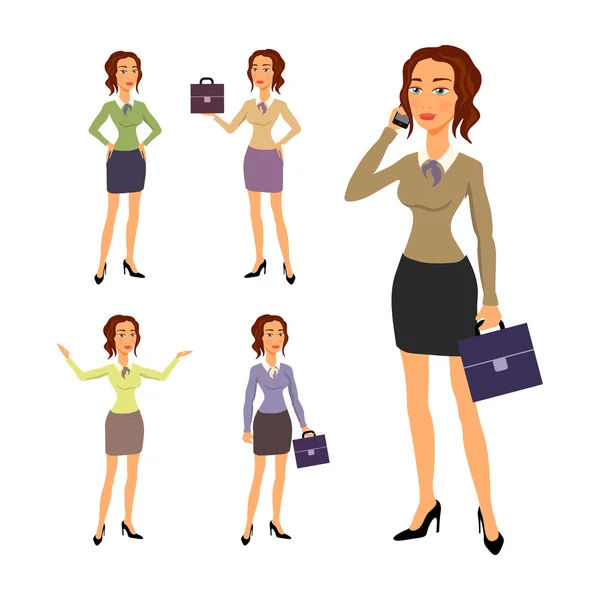 Three different body illustration beautiful brunette businesswoman glasses posing making gestures — Stock Vector