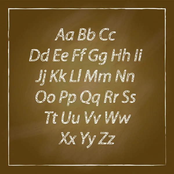 Set di scrivanie da scuola in legno marrone e alfabeto in gesso disegnato a mano — Vettoriale Stock