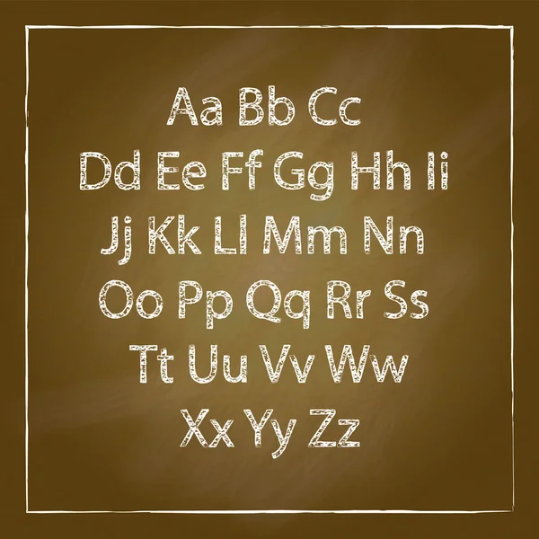 Schultische aus braunem Holz und handgezeichnetes Kreidealphabet — Stockvektor