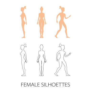  female silhouettes front, back and side. Vector illustration clipart