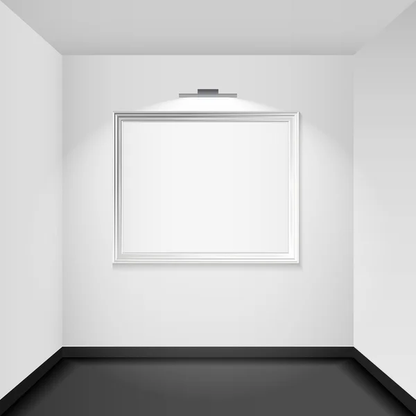 Gallery room interior blank picture frame illuminated vector illustration — Stock Vector