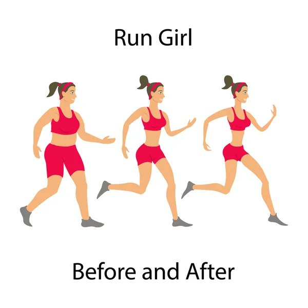 Simple cartoon woman jogging before and after run girl — Stock Vector