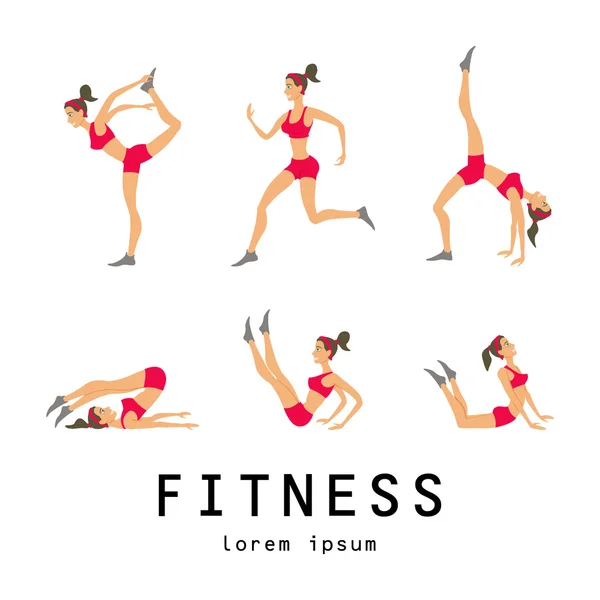 Illustrations étirement exercices liés jogging effectué belle brune — Image vectorielle