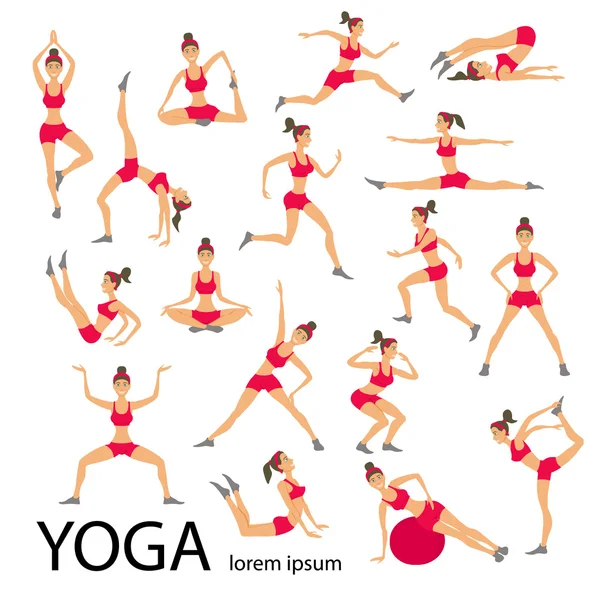 矢量瑜伽插画设置妇女素描体式女孩健康的生活方式 — 图库矢量图片