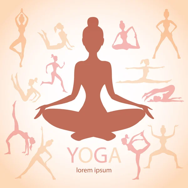 Tres contornos mujeres yoga poses beige fondo — Vector de stock