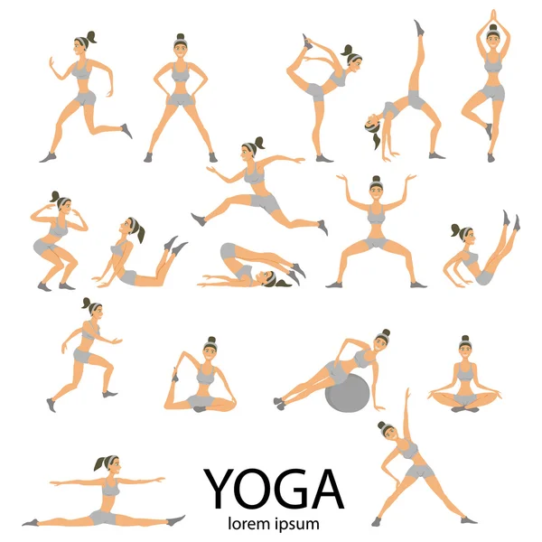 Vector yoga set Women Sketch asana Girl exercises Healthy  lifestyle — Stock Vector