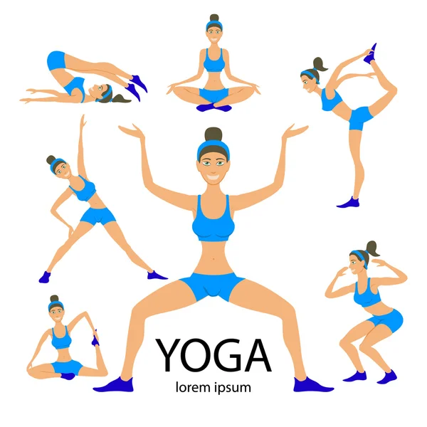Vector yoga set Women Sketch asana Girl exercises Healthy  lifestyle — Stock Vector