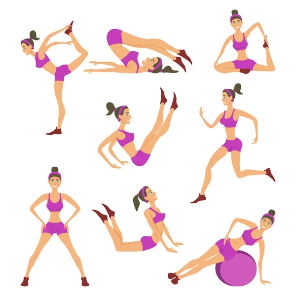 Vektorové jóga set žen skica asana dívka cvičení zdravého životního stylu — Stockový vektor