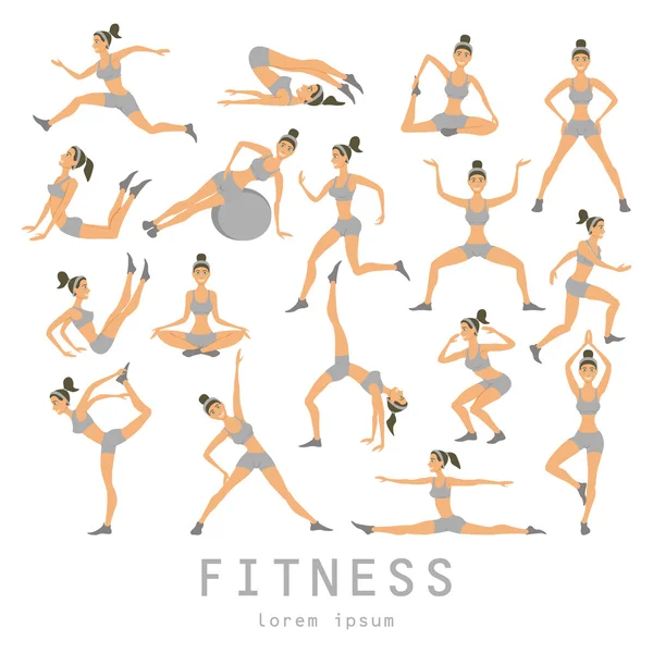 Vector yoga set Women Sketch asana Girl exercises Healthy  lifestyle — Stock Vector