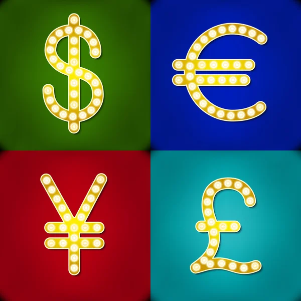 Signos de moneda Dólar Euro Libra Yen Gr Insignia luz fondo — Vector de stock