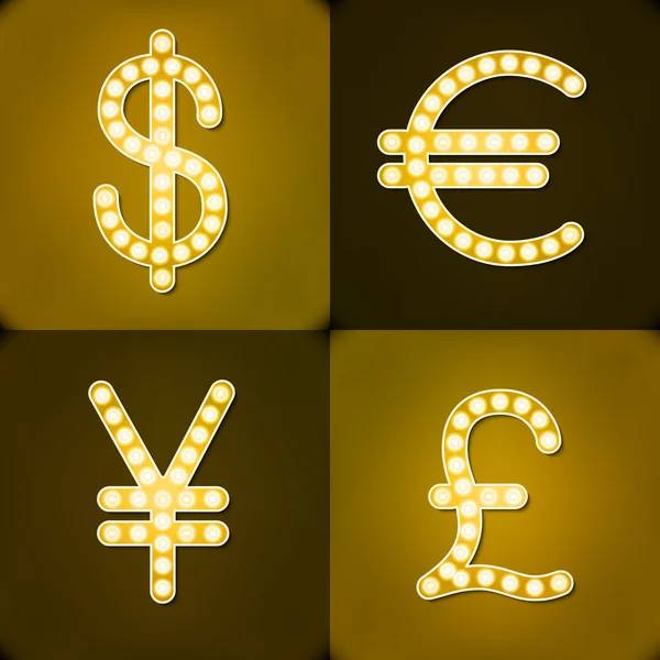 Signos de moneda Dólar Euro Libra Yen Gr Insignia luz fondo — Vector de stock