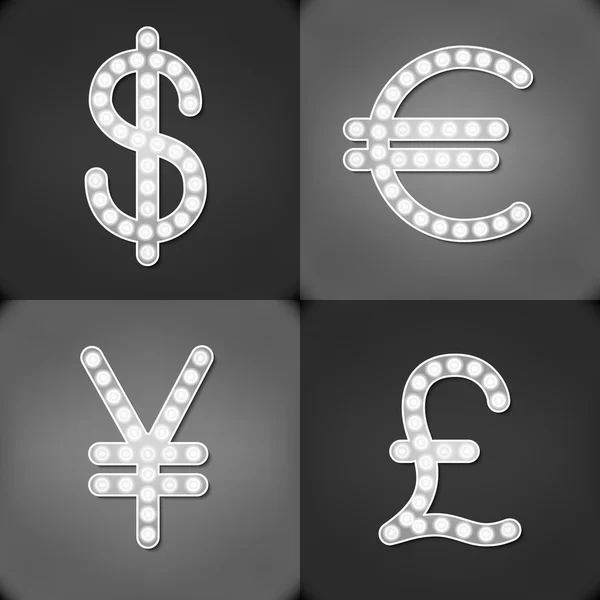 Signos de moneda Dólar Euro Libra Yen Gr Insignia luz fondo — Vector de stock