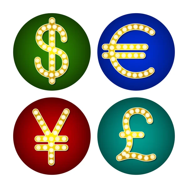 Signos de moneda Dólar Euro Libra Yen Gr Insignia luz fondo — Archivo Imágenes Vectoriales