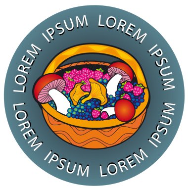 Vector basket full of mushrooms with blueberries and fern leaves