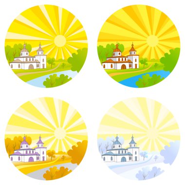 Country church with steeple happy kids running-Transparency 