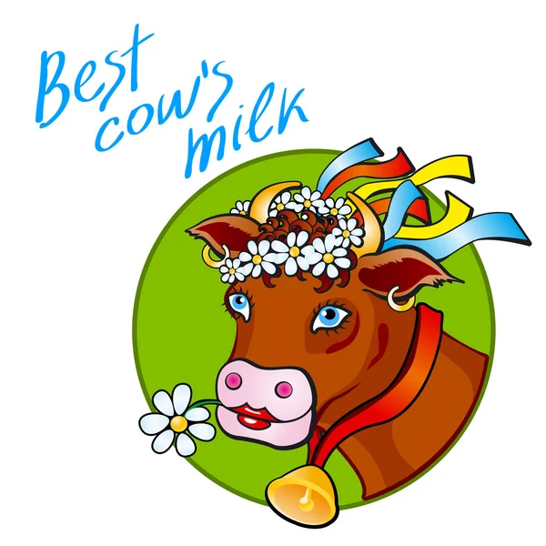 Vaca divertida llevar cubo de madera con leche. Césped, flores y cielo. Ilustración vectorial — Vector de stock
