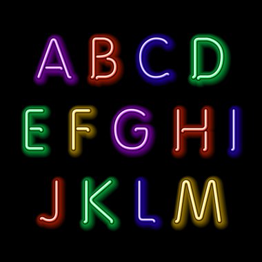 Neon glow alphabet. Vector design party retro 3d neon font,