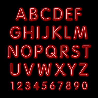 Neon glow alphabet. Vector design party retro 3d neon font,