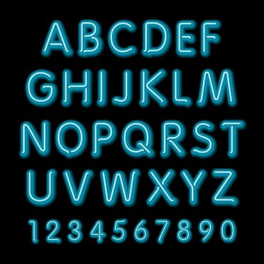Neon glow alphabet. Vector design party retro 3d neon font,