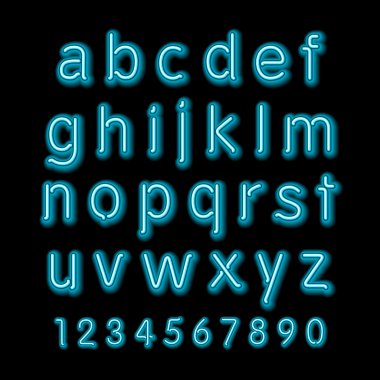 Neon glow alphabet. Vector design party retro 3d neon font,