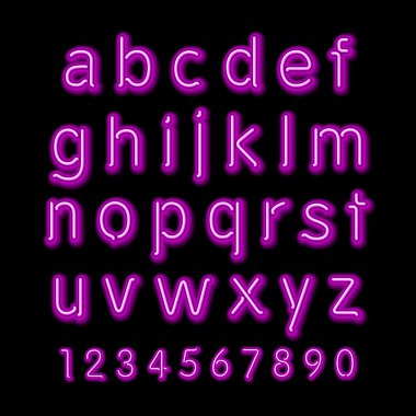 Neon glow alphabet. Vector design party retro 3d neon font,