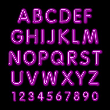 Neon glow alphabet. Vector design party retro 3d neon font,