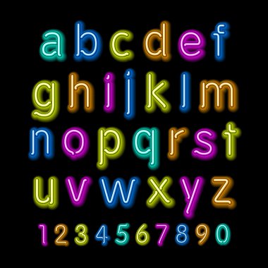 Neon glow alphabet. Vector design party retro 3d neon font,