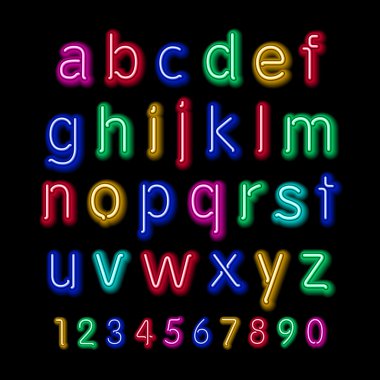 Neon glow alphabet. Vector design party retro 3d neon font,