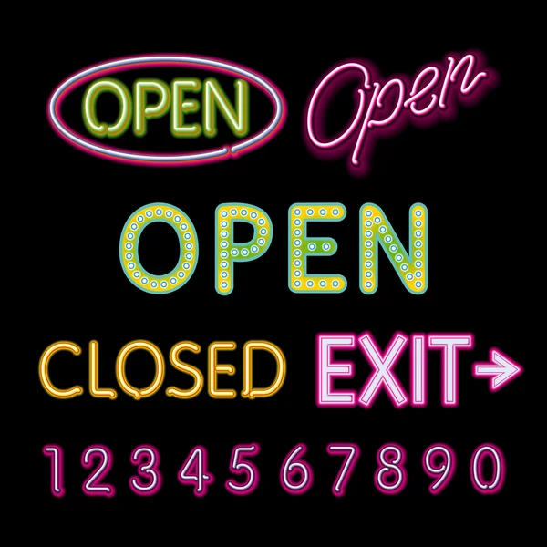 Open Neon Sign closed exit figures vector — Stockvector