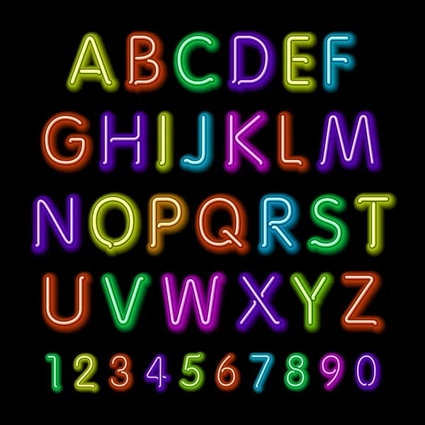 Neon glow alphabet. Vector design party retro 3d neon font, — Stock Vector